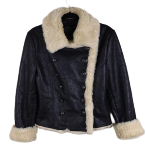 Fabulous Fur Donna Saylors' Black Faux Leather Fur Double Breast Moto Style Coat